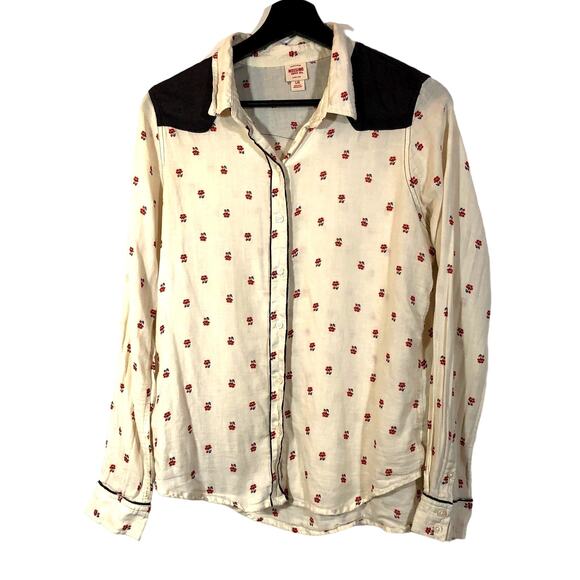Western Shirt Off-White Red Flowers Button Up Long Sleeve Mossimo Large - Picture 1 of 11